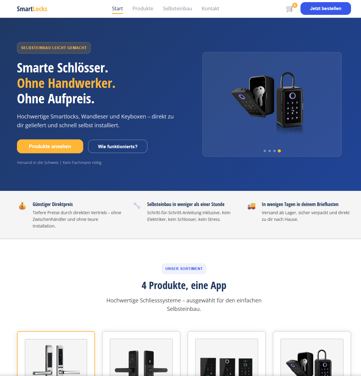 smartlocks.ch – Online-Shop für smarte Schliesssysteme mit Warenkorb und Selbsteinbau-Anleitungen, realisiert von GeComm-IT